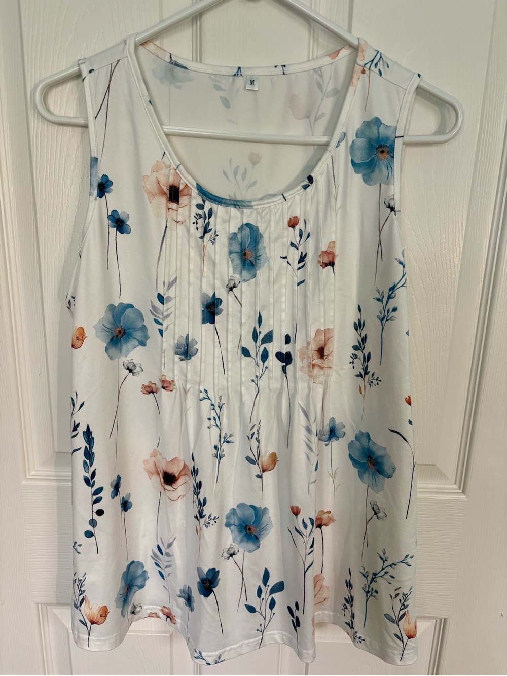 Sleeveless Floral Pintuck Tank Top - White with Blue & Peach Flowers